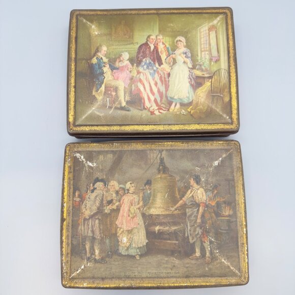 Vtg Set Tindeco Liberty Bell First Note Birth of our Nations Flag Centennial Tin - Picture 1 of 10